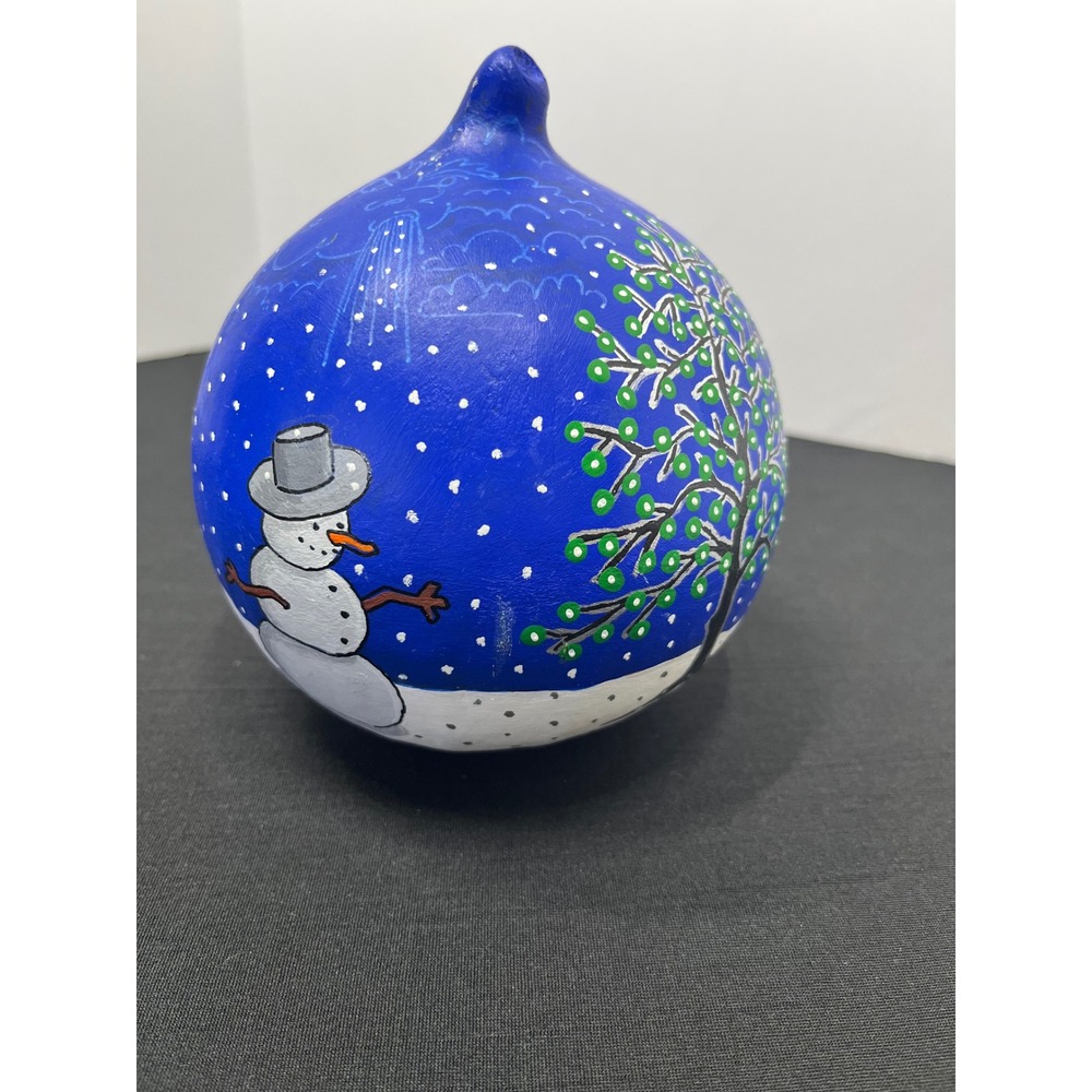 Hand Painted Gourd Ornament Winter Snowman House Folk Art Signed E Massa 2003